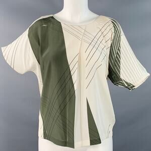 COTELAC Size 2 Cream Green Polyester Stripe Asymmetrical Pleated Casual Top